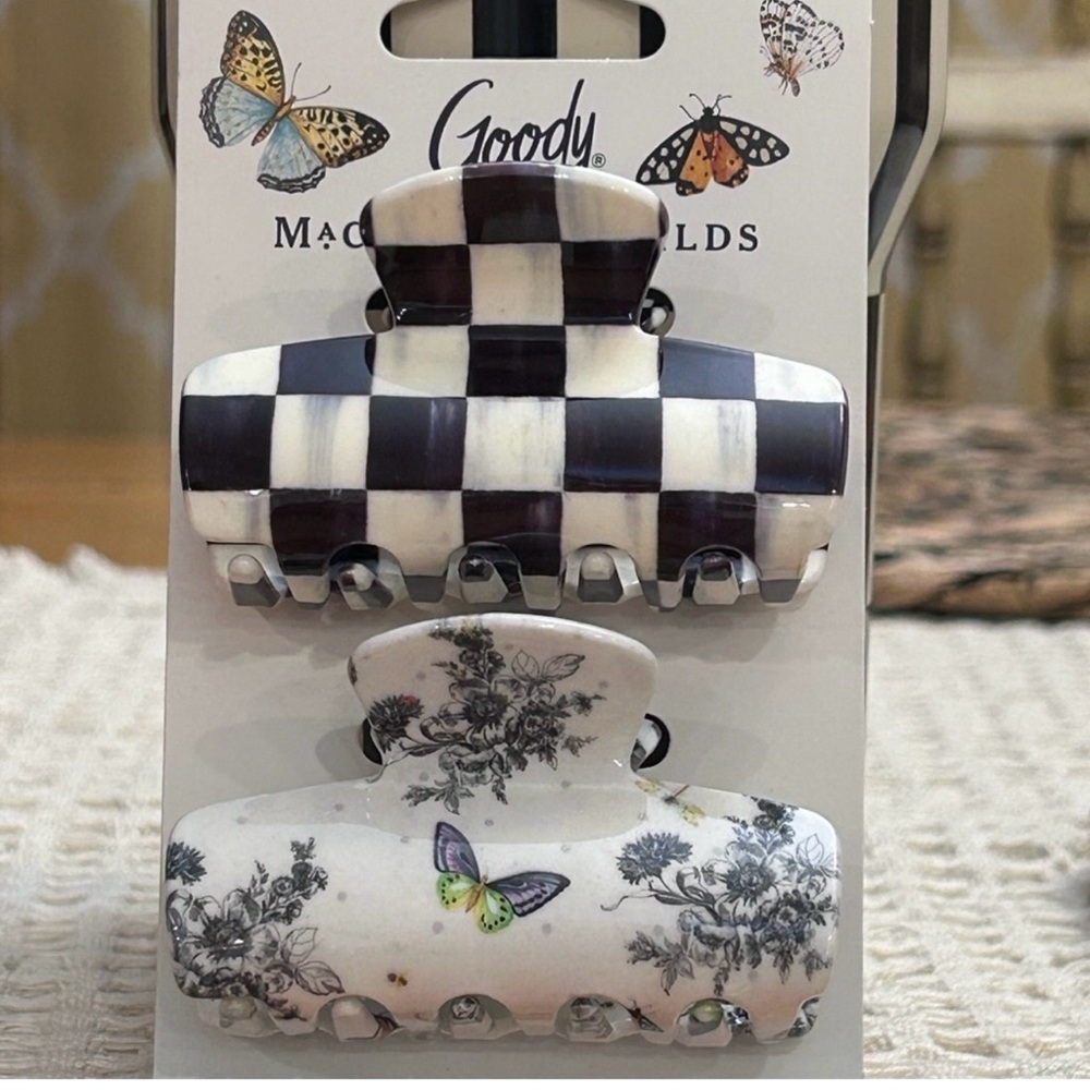 MacKenzie-Childs Black & White Checker and Floral Butterfly Hair Claws